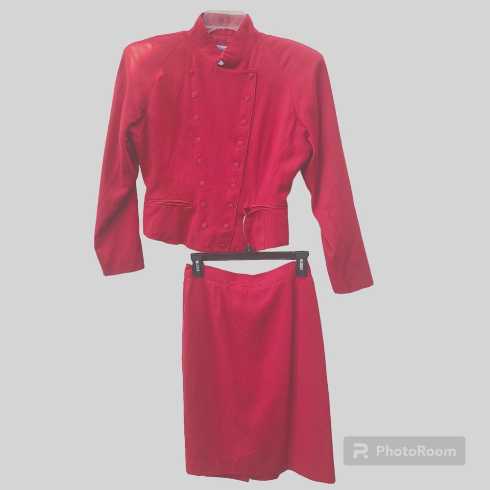 VTG red structured crop jacket top & skirt suit set 80's